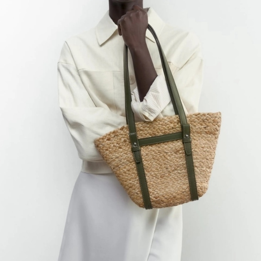 Zara Natural Woven Tote with Olive Accents genuine leather